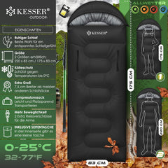 KESSER® Slaapzak voor buiten, dekenslaapzak, 3-4 seizoenen, campingslaapzak voor volwassenen en kinderen, licht, draagbaar, warm en waterafstotend, inclusief campinglamp en zijzak, zwart