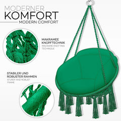 tillvex Hangstoel met groot kussen, 200 kg, om op te hangen, hangstoel, binnen en buiten, hangmand, weerbestendig, schommelmand, groen