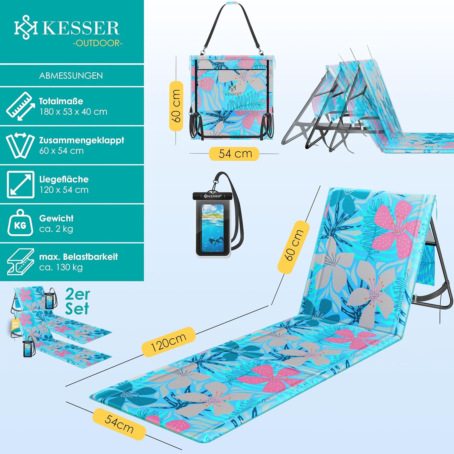 KESSER® Opvouwbare strandmatten - Ligstoel - Set van 2 - Blauw •