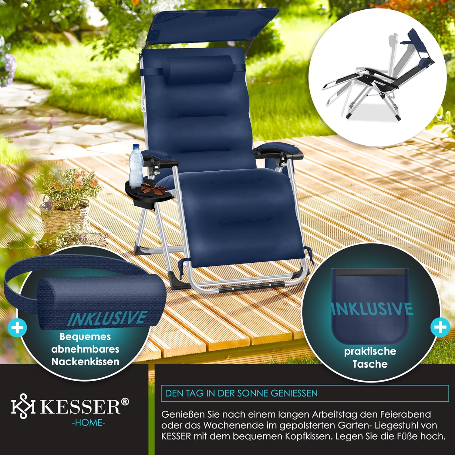KESSER® XXL opvouwbare tuinligstoel, weerbestendig, belastbaar tot 200 kg, ergonomisch kussen, verstelbare rugleuning met nekkussen, bekerhouder en vulling voor