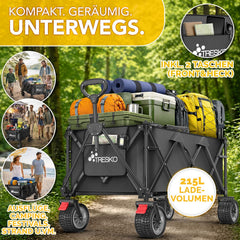 TRESKO® Bolderkar, opvouwbaar, 215 liter, met rem, handwagen, inklapbaar, 150 kg, incl. massief rubberen banden, opvouwbare strandwagen, extra brede all-terrain wielen, transportwagen met draagtas (Zwart)
