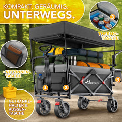 TRESKO® Opvouwbare bolderkar met dak, koelvak en zijrolluiken, handwagen, max. belastbaar tot 150 kg, transportwagen met massief rubberen banden en parkeerremmen (voor en achter) en 3-punts gordel