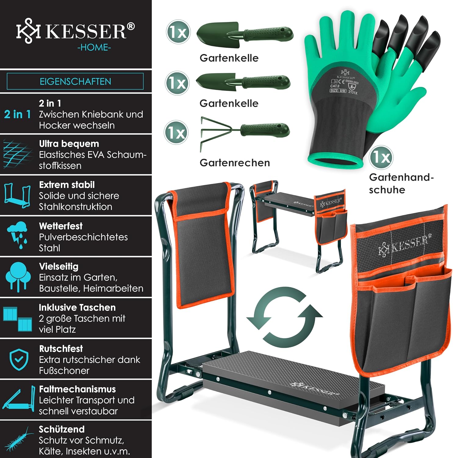 KESSER® 2in1 Kniebank - Tuinkruk - Kniesteun - Antraciet