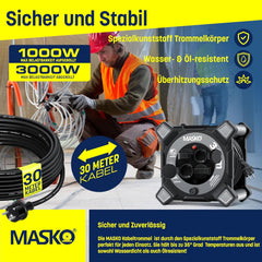 Masko® Kabelhaspel 30m - Verlengkabel - IP44 - Grijs