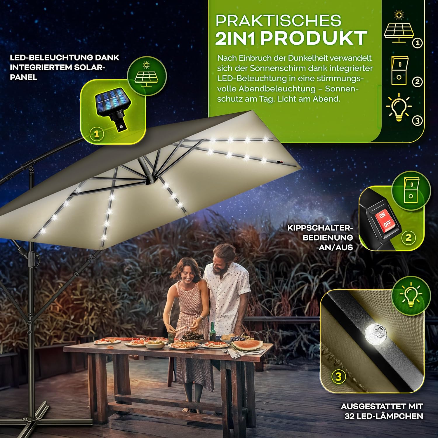 Tillvex® LED Parasol - Rechthoekig - 235x235cm - Verstelbaar - Bruin •