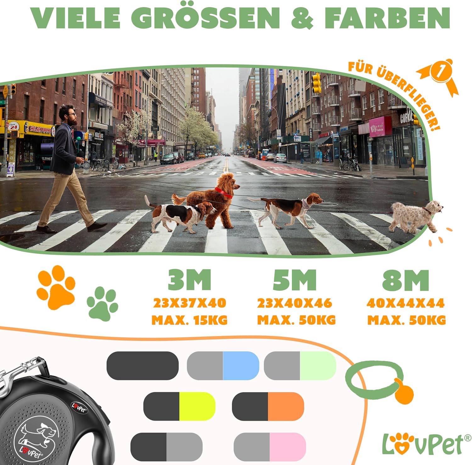 Lovpet® Hondenriem - Rollijn - 8 meter - Antislip - Grijs