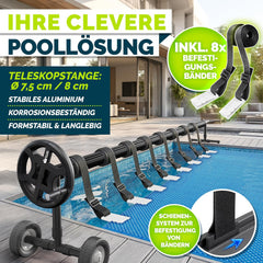 tillvex Pool haspel Premium 3-5,70 m met massief rubberen banden incl. thermometer & banden | oprolsysteem voor zonnefolie | oprolsysteem voor zwembadzeil & afdekking | weerbestendig materiaal