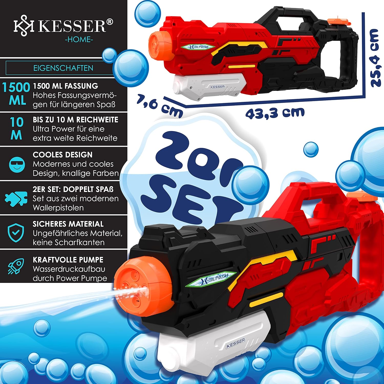 KESSER® Waterpistool - Set van 2 - Bereik 10-11 meter - Rood