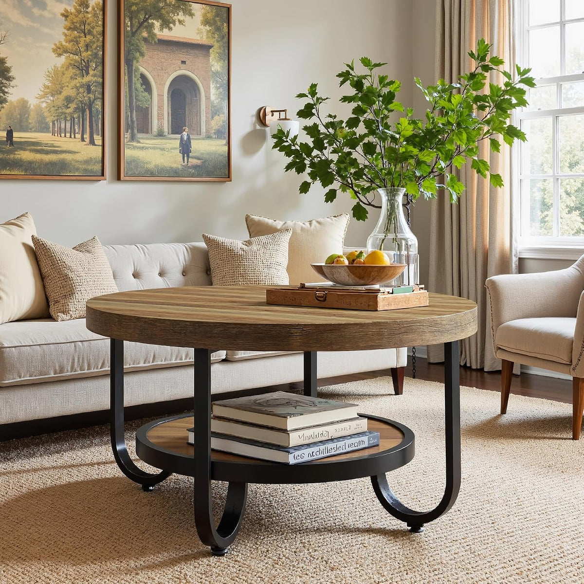 Tribesigns ronde salontafel met 2 niveaus en opbergplank voor de woonkamer, Ø79 cm bijzettafel met stevige gebogen metalen poten, eenvoudig te monteren (bruin)