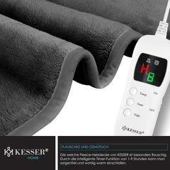 KESSER® Elektrische deken van pluche, 180 x 130 cm, grijs, TÜV SÜD GS getest, elektrische warmtedeken met timer, automatische uitschakeling, knuffeldeken, deken, 9 temperatuurniveaus, wasbaar tot 40