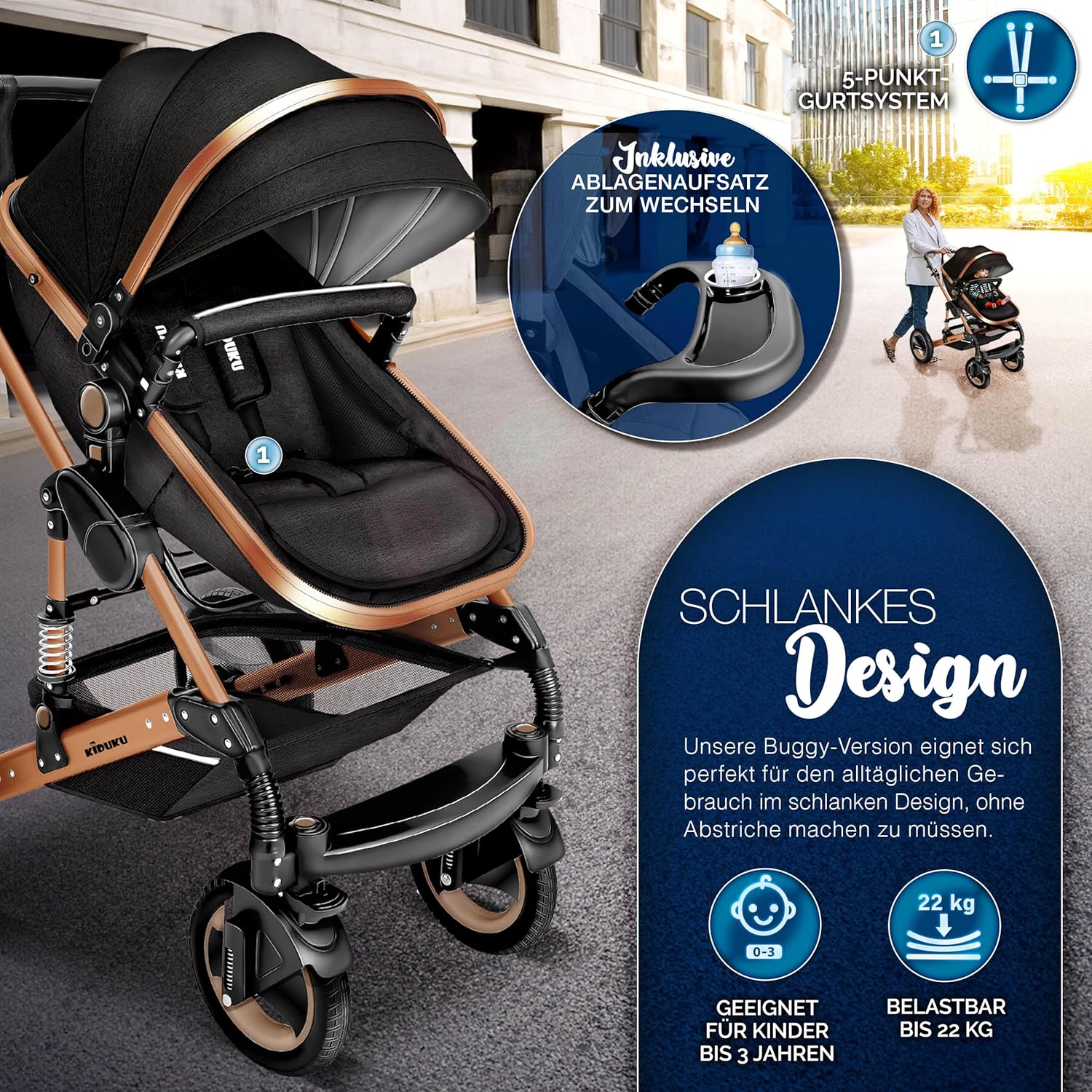 Kinderwagen 3 in 1 - Buggy - Wandelwagen - Kinderbuggy - Champagne - KIDUKU®