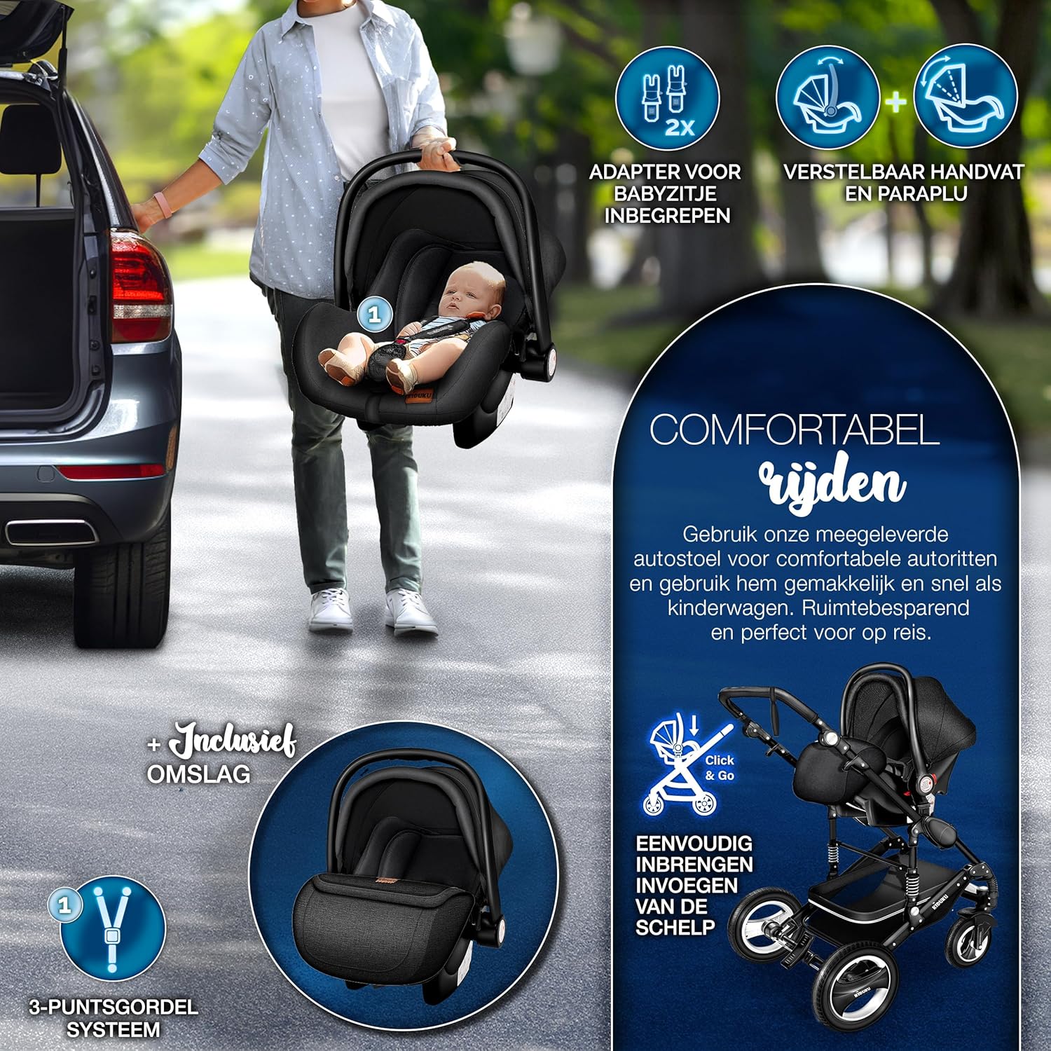 Kinderwagen 3 in 1 - Buggy - Wandelwagen - Kinderbuggy - Zwart - KIDUKU®