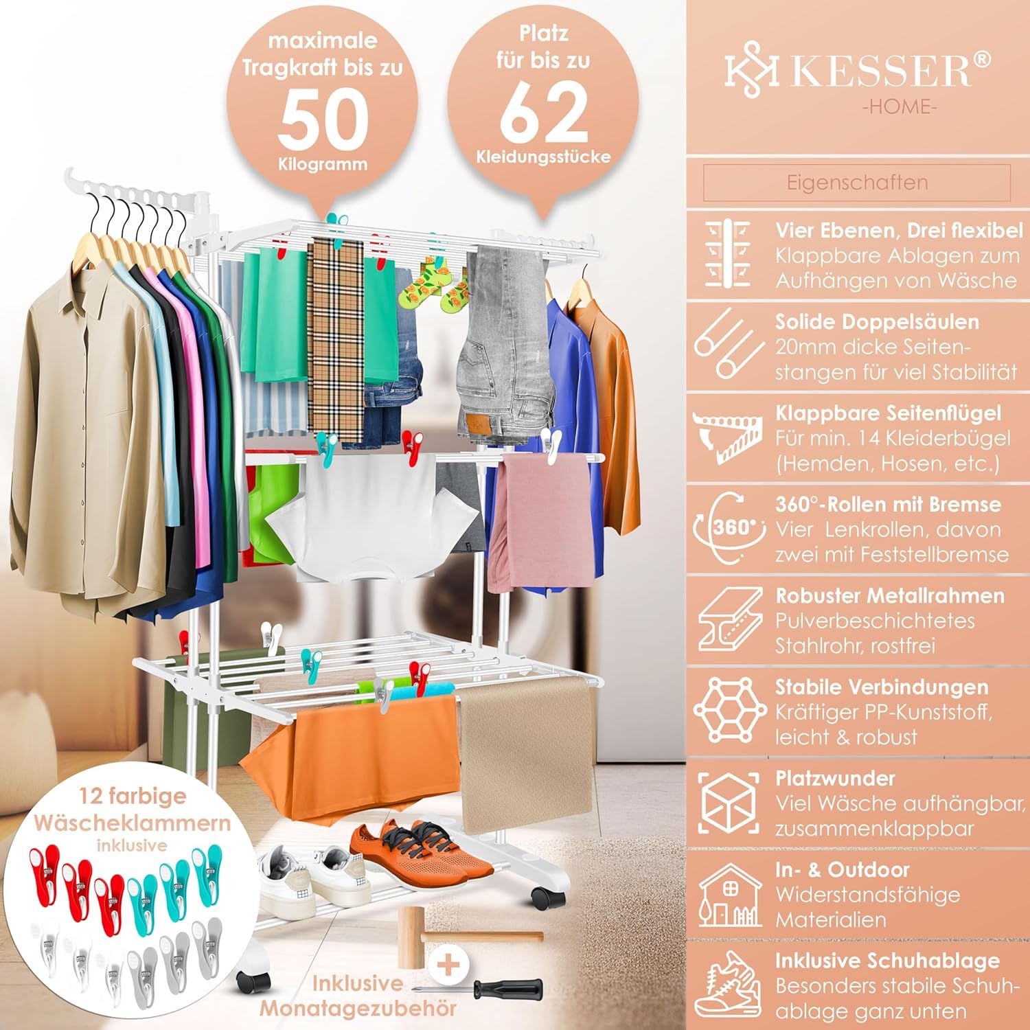 KESSER® Droogrek met wielen, ruimtebesparende wasdroger voor binnen en buiten, 4 etages, 2 draaibare zijvleugels en 6 inklapbare niveaus, staande droogtoren, inklapbaar, incl. klemmen