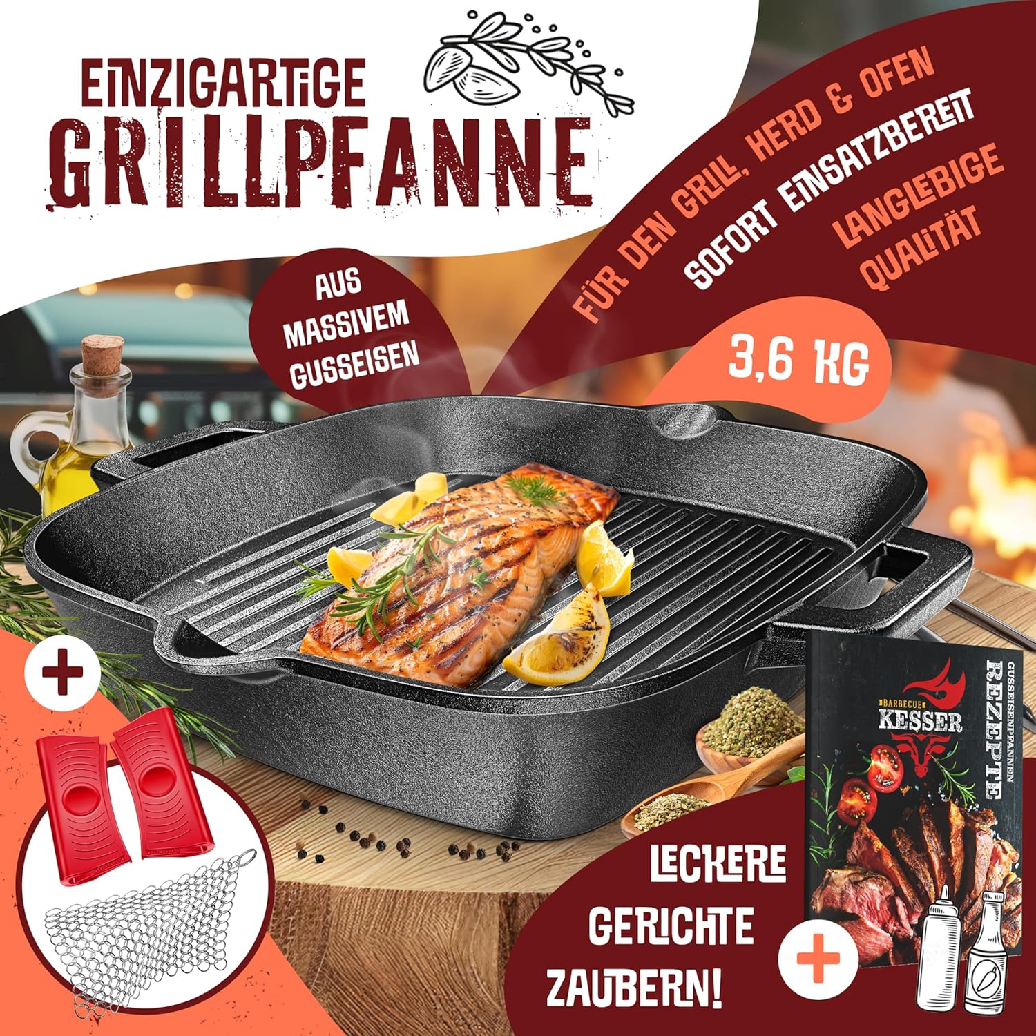 KESSER® Gietijzeren grillpan, inductie, 30 cm, gietijzeren pan, braadpan, gietijzeren pan voor gasgrill, oven, kolengrill, steakpan, incl. beschermende handgrepen, receptenboek en ringreiniger