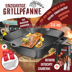 KESSER® Gietijzeren grillpan, inductie, 30 cm, gietijzeren pan, braadpan, gietijzeren pan voor gasgrill, oven, kolengrill, steakpan, incl. beschermende handgrepen, receptenboek en ringreiniger