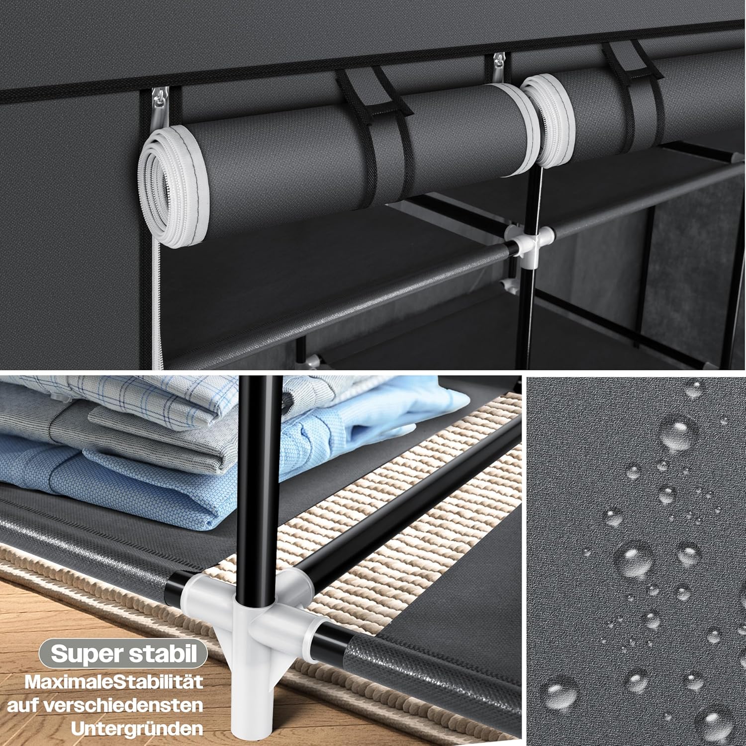 KESSER® Kledingkast stoffen kast stabiel met kledingstang en planken, incl. 5 x kleerhangers, stoffen vouwkast voor slaapkamer, kleedkamer garderobe met kledingrek 150x45x175cm antraciet