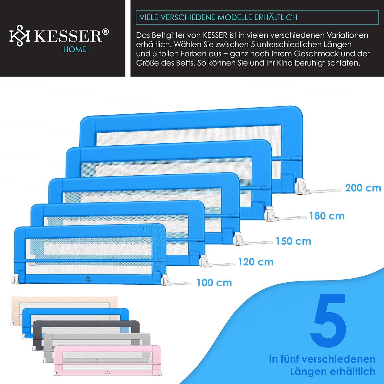 KESSER® Bedhek, 200 cm, bedhek, kinderbedhek, kinderbedhek, inklapbaar, draagbaar, kinderbedbeschermingshek, valbeveiliging, bed en ouderbed hoog: 42 cm, blauw