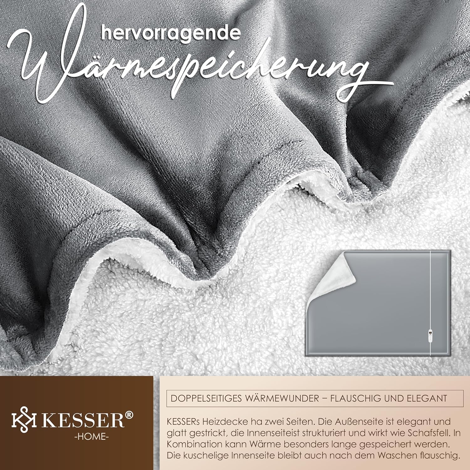 KESSER® Elektrische deken met automatische uitschakeling, 180 x 130 cm, dubbelzijdig elektrische warmtedeken, knuffeldeken, bed, bank, 9 temperatuurniveaus, wasbaar tot 40 °C, met timer, digitaal