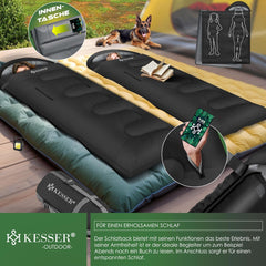 KESSER® Slaapzak voor buiten, dekenslaapzak, 3-4 seizoenen, campingslaapzak voor volwassenen en kinderen, licht, draagbaar, warm en waterafstotend, inclusief campinglamp en zijzak, zwart
