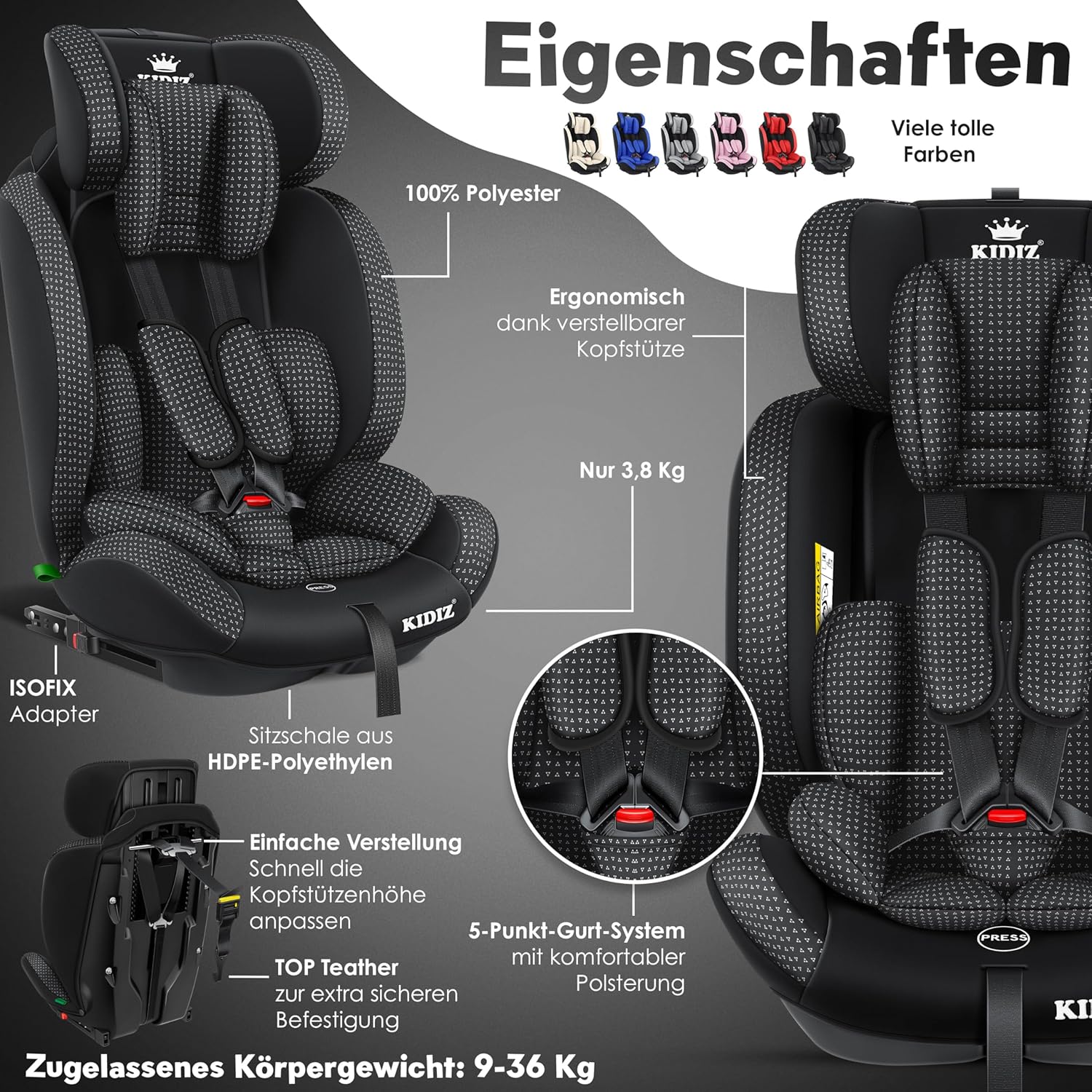 KIDIZ® Autostoeltje - 5-punts veiligheidsgordel - Zwart