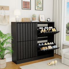 UEV Schoenenkast met 4 kleppen, hout, smalle schoenenkast, schoenenkast met kantelbeveiliging, schoenenrek, hal, verstelbare scheidingswanden voor verschillende soorten schoenen, zwart, 102x24x86,5cm •