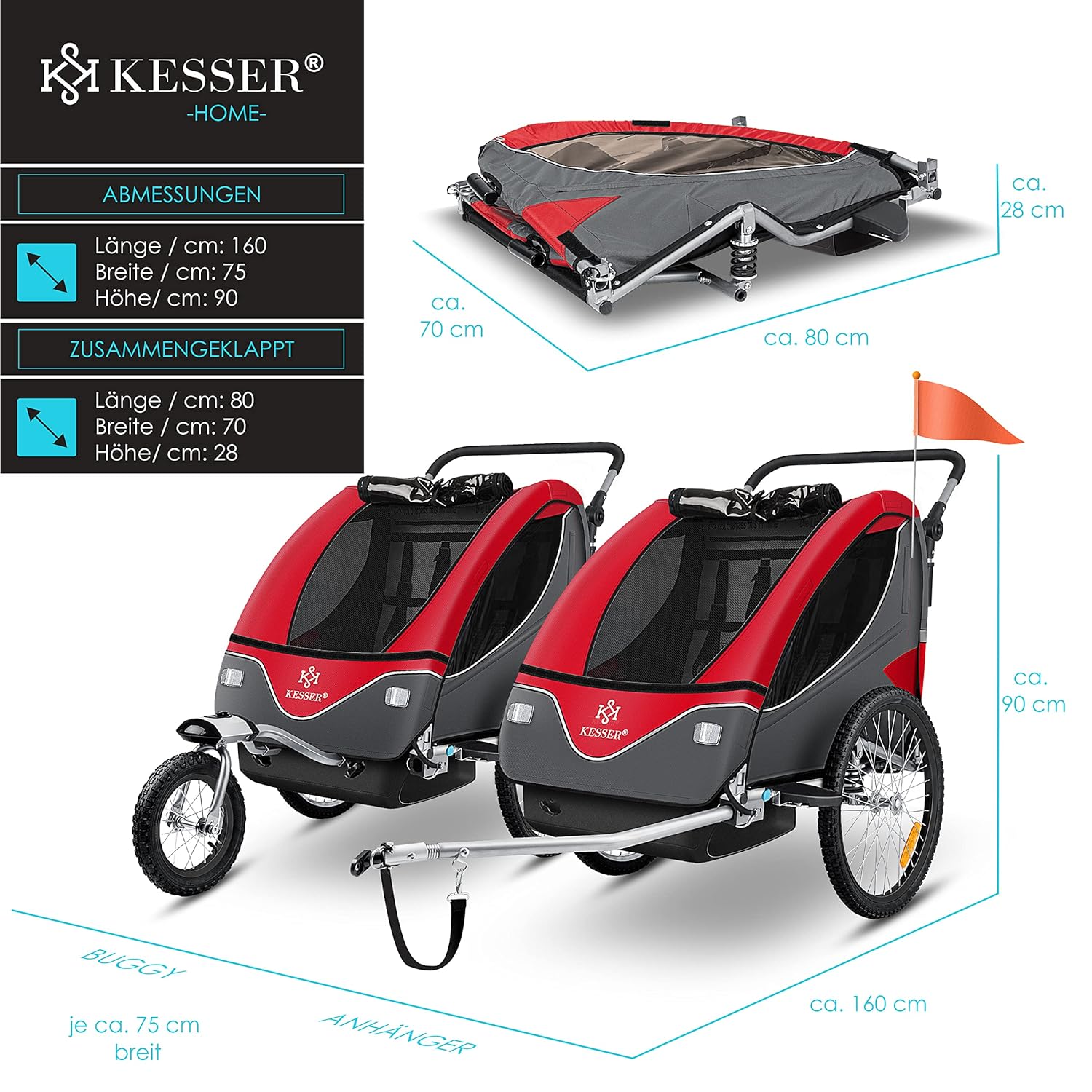 KESSER® Fietsaanhanger met vering - Max. 40kg - Rood