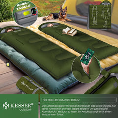 KESSER® Slaapzak voor buiten, dekenslaapzak, 3-4 seizoenen, campingslaapzak voor volwassenen en kinderen, licht, draagbaar, warm en waterafstotend, inclusief campinglamp en zijzak, groen