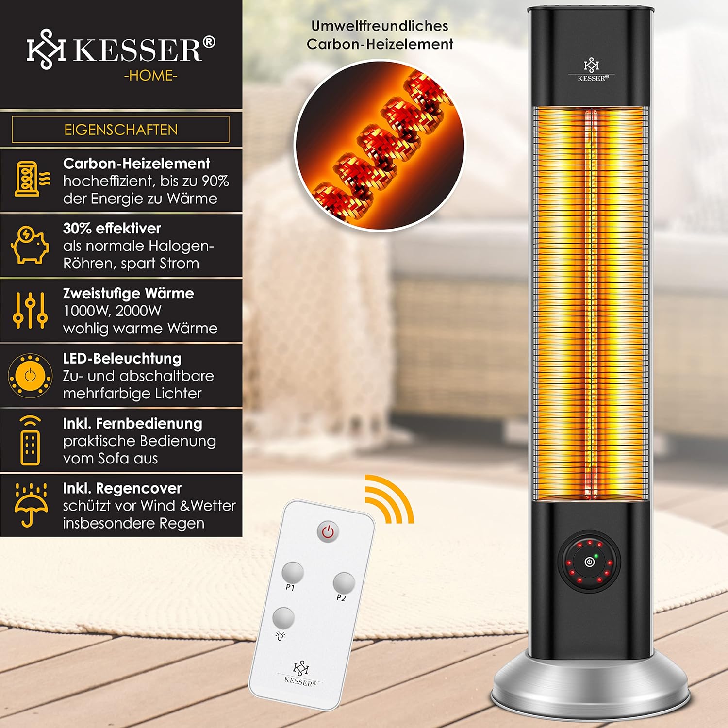 KESSER® Staande warmtestraler, infrarood staande warmtestraler, incl. beschermhoes, warmtestraler, terras, infraroodstraler, torenverwarming, 2000 W, terrasstraler, staande verwarming met