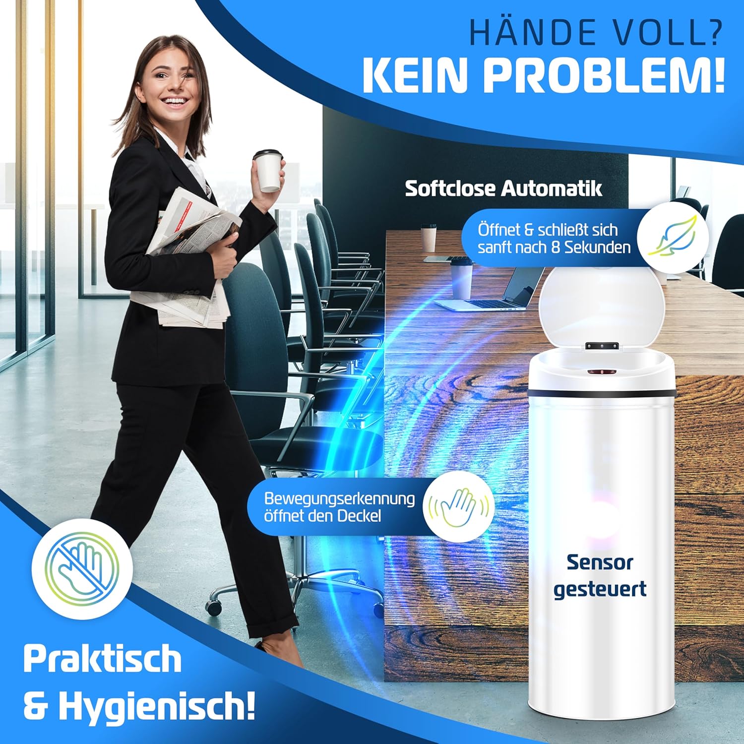 KESSER® Sensor Prullenbak - Afvalbak - Vuilnisbak - 56L - Wit