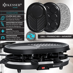 KESSER® 3-in-1 raclette-grill met natuurgrillsteen, grillplaat en pannenkoeken, tafelgrill voor 8 personen, elektrische grill met antiaanbaklaag, 8 pannen en houten spatels