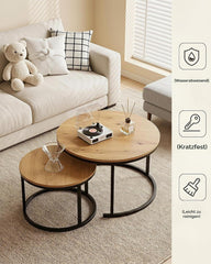 AMVEYA Salontafel rond hout, set van 2, bijzettafels voor de woonkamer, koffietafel, woonkamer-effect, moderne woonkamertafel, met zwart frame