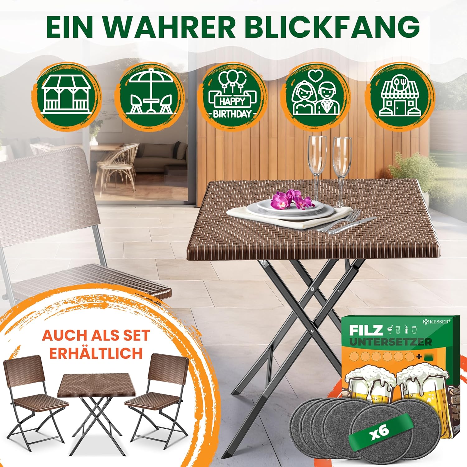KESSER® Balkontafel, inklapbaar, weerbestendig/UV-bestendig, gecoat staal en rotan-look, outdoor tuintafel, tuinmeubelen met 6 vilten onderzetters, bistrotafel, tot 100 kg belastbaar