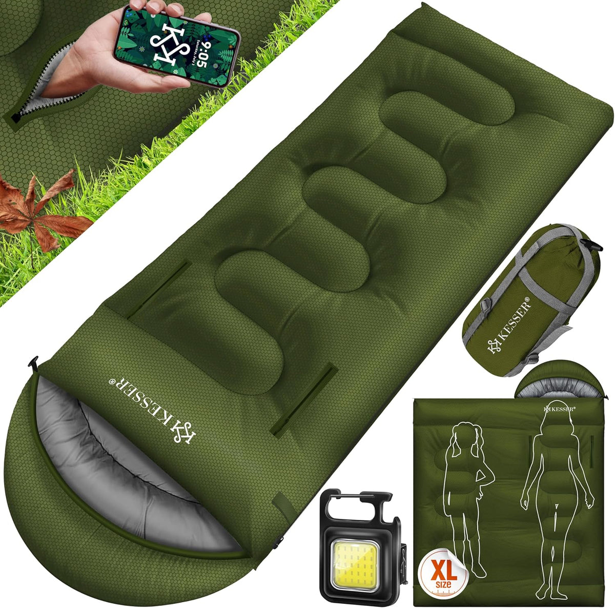 KESSER® Slaapzak voor buiten, dekenslaapzak, 3-4 seizoenen, campingslaapzak voor volwassenen en kinderen, licht, draagbaar, warm en waterafstotend, inclusief campinglamp en zijzak, groen