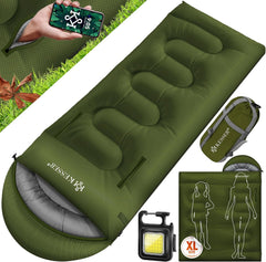 KESSER® Slaapzak voor buiten, dekenslaapzak, 3-4 seizoenen, campingslaapzak voor volwassenen en kinderen, licht, draagbaar, warm en waterafstotend, inclusief campinglamp en zijzak, groen