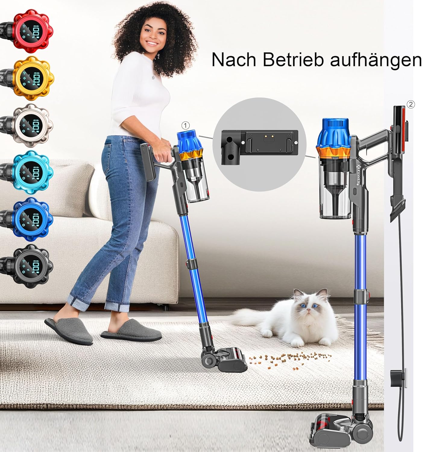 KESSER® Accustofzuiger draadloos tot 70 min. looptijd & stil | accustofzuiger met led-display, stofzuiger zonder zak, met anti-klit-vloerborstel voor harde vloeren, tapijt, dierenharen