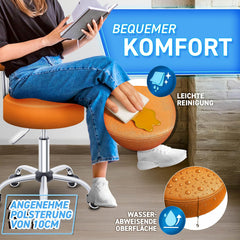 TRESKO Rolkruk met rugleuning, oranje, werkkruk, in hoogte verstelbaar, 46-58 cm, draaikruk met wieltjes, bureaustoel, kruk, draaistoel, cosmeticakruk, oranje