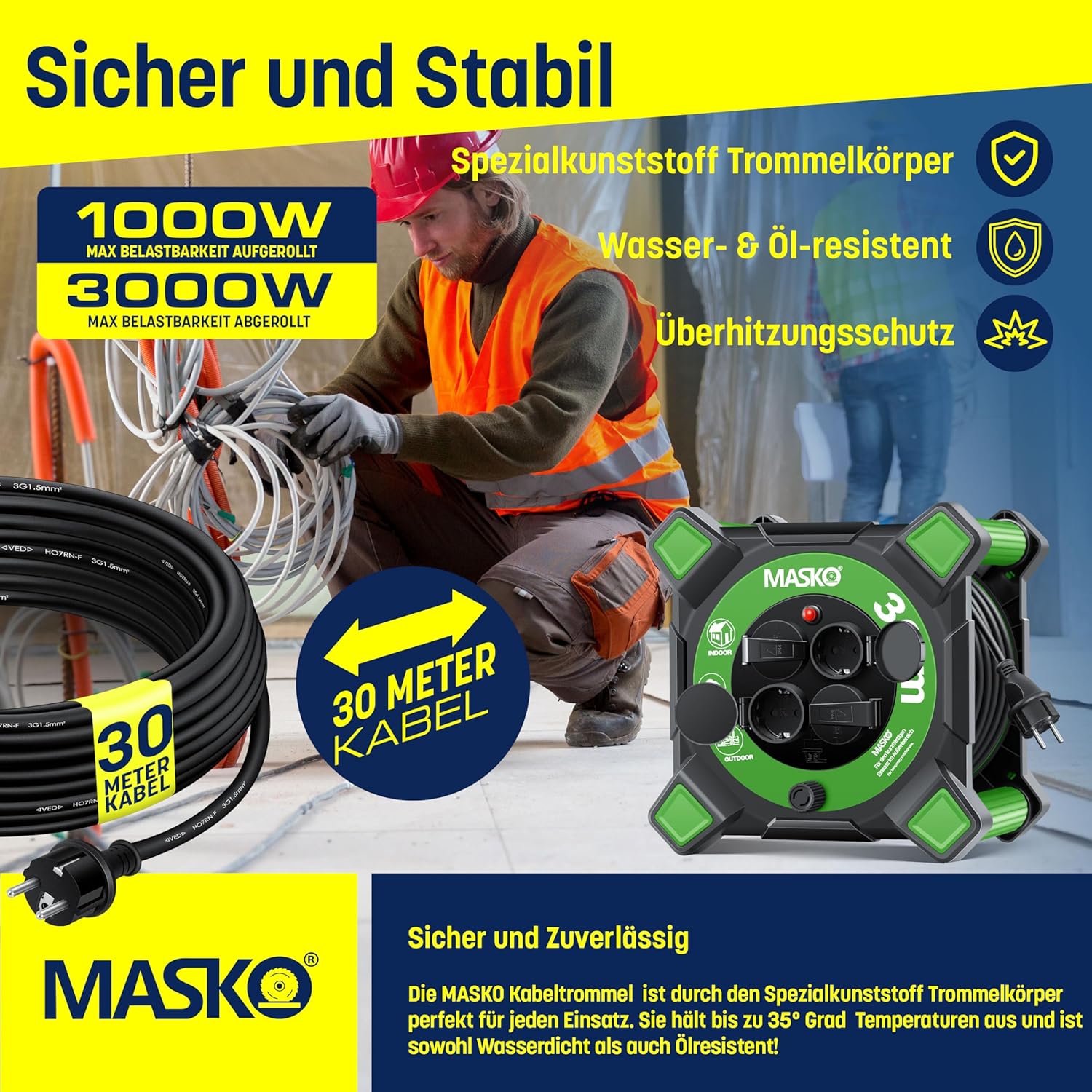 Masko® Kabelhaspel 20 m, verlengkabel met geaarde stopcontacten en wikkelgreep, outdoor kabelhaspel thermobescherming, apparaattrommel IP44, 1000 W ~ 3000 W, inclusief draaggreep en