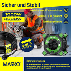 Masko® Kabelhaspel 30m - Verlengkabel - IP44 - Groen