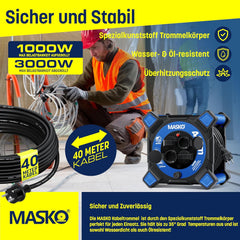 Masko® Kabelhaspel 40m - Verlengkabel - IP44 - Blauw