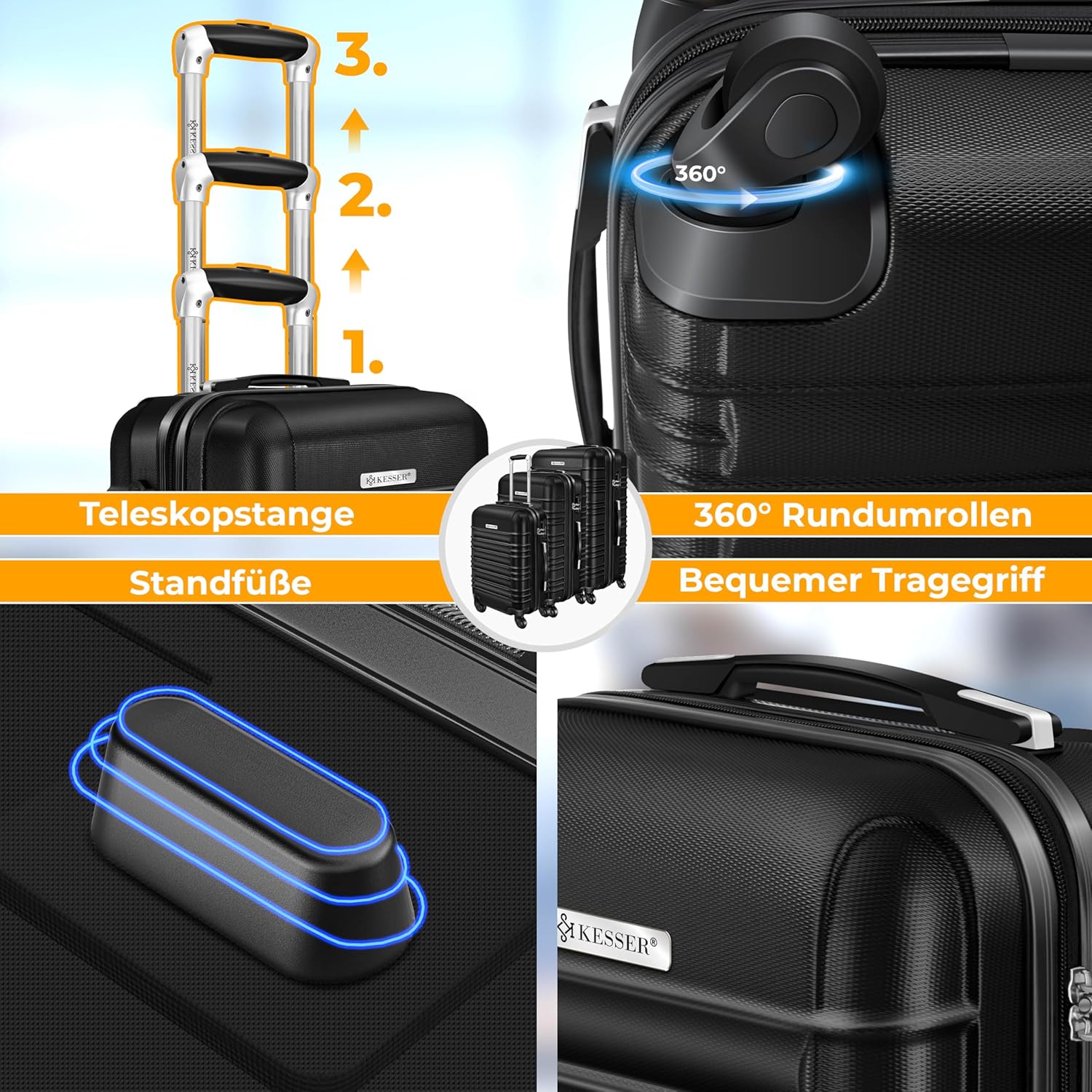 Kofferset - 3 delig - Trolley - Reiskofferset - Zwart - KESSER®