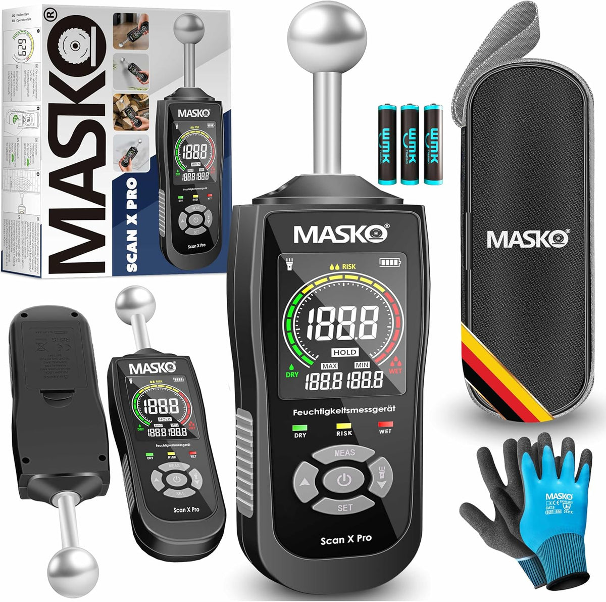 MASKO® Vochtmeter vochtmeter muur vloer, hout & bouwmaterialen dekvloer beton gips niet-destructieve meting pin-type vochtmeter HD-display, alarm, zaklamp en gegevensopslagfunctie