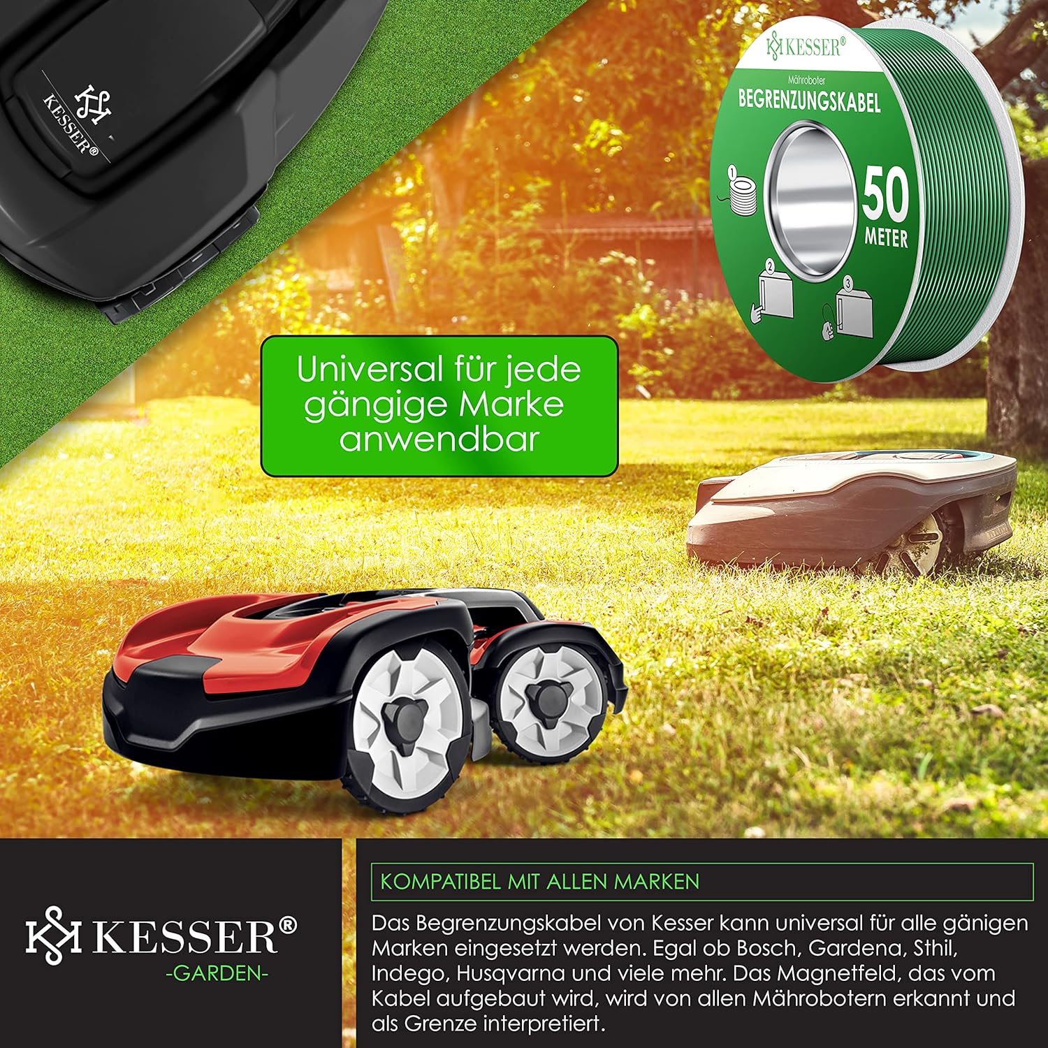 KESSER® Begrenzingskabel 50 m + 200 grondpennen + 12 kabelconnectoren voor robotmaaier, accessoireset, begrenzingsdraad, universeel compatibel met Gardena/Bosch/Worx/Honda/ROBOMOW