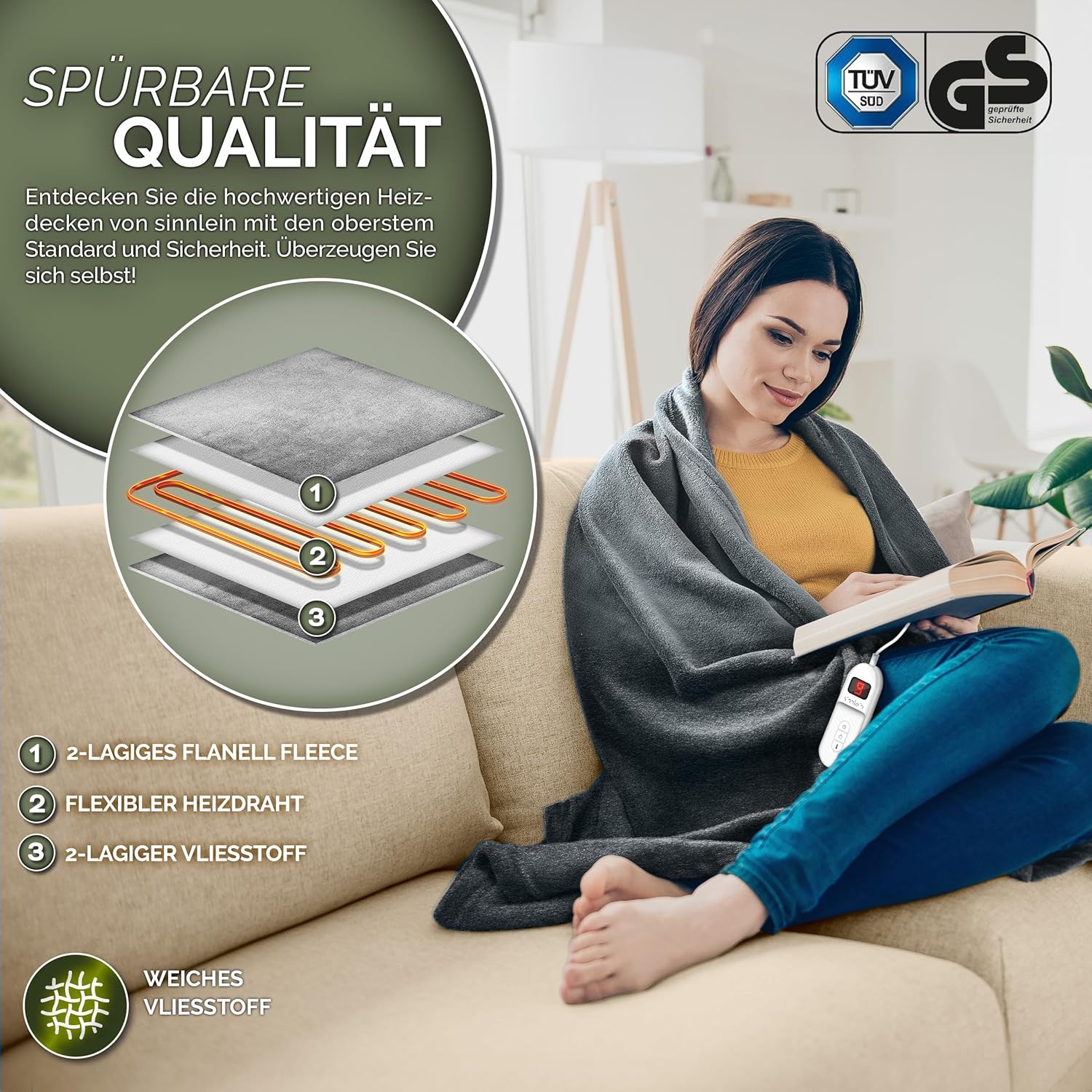 Sinnlein® Elektrische deken - Warmtedeken - 200x180cm - Grijs