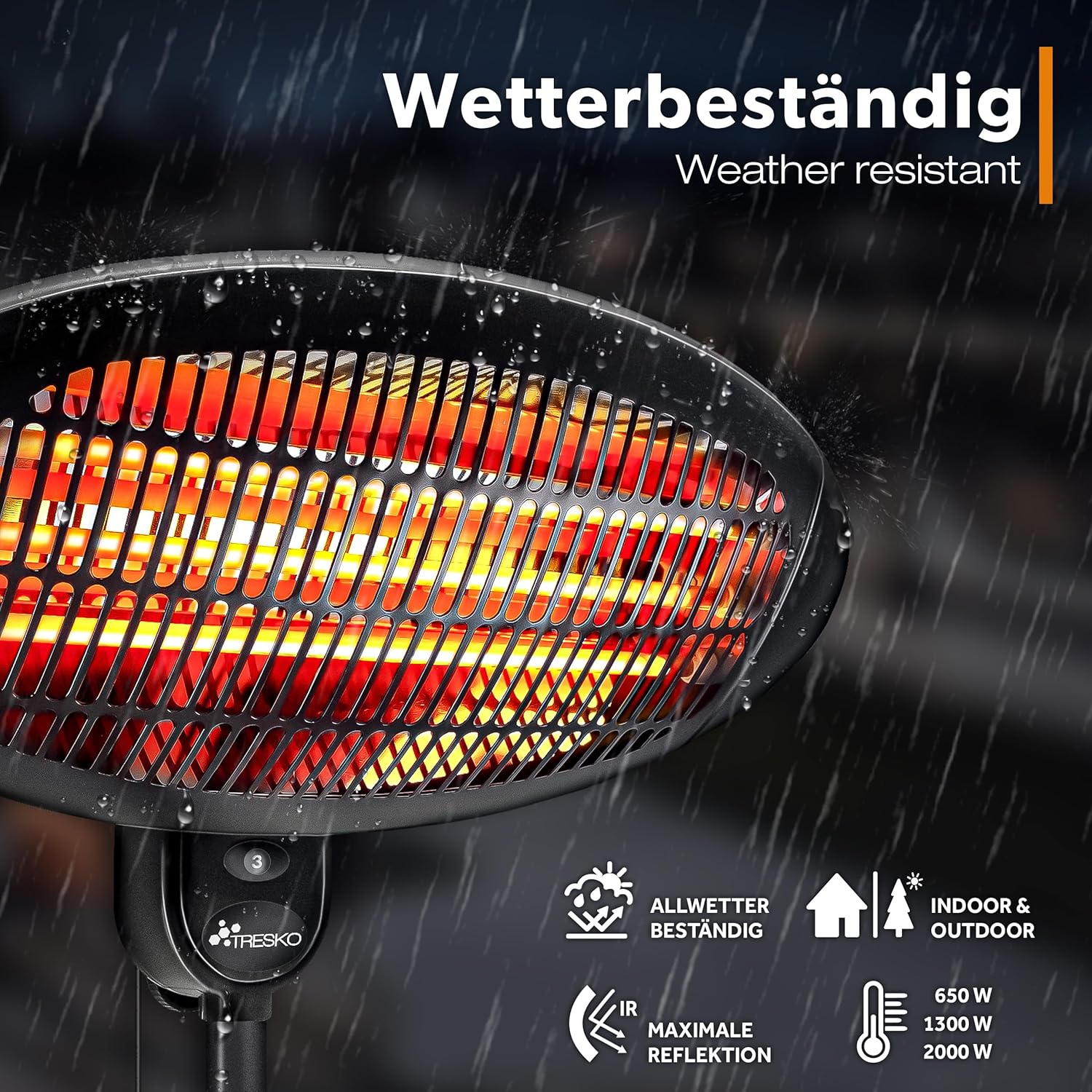 TRESKO Infrarood staande warmtestraler, 2000 W, elektrische warmtestraler voor het terras, met 3 warmtestanden, terrasstraler voor binnen en buiten, infraroodstraler met led-display