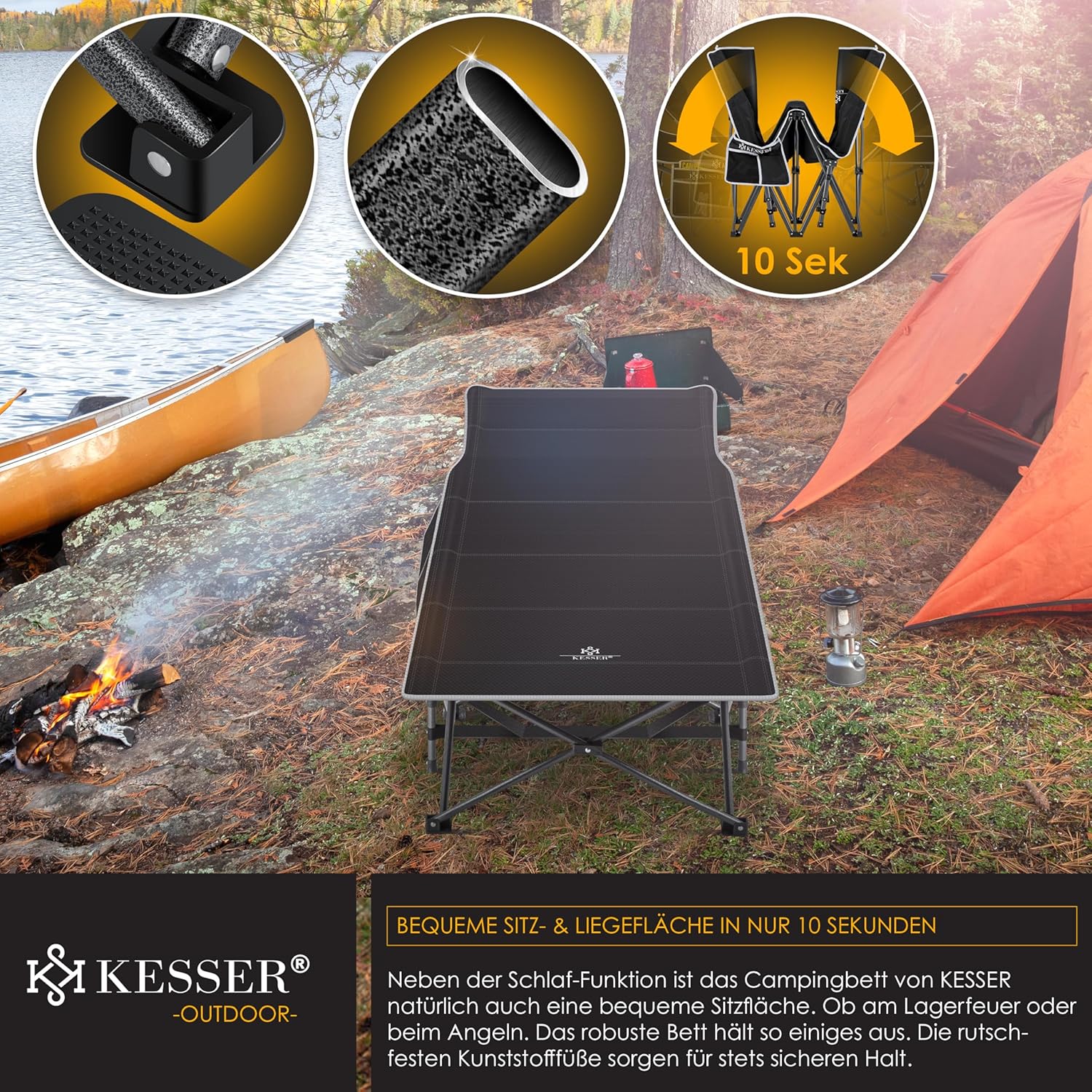 Veldbed - 1 Persoons - Kampeerbed - Stretcher - Zwart - KESSER®