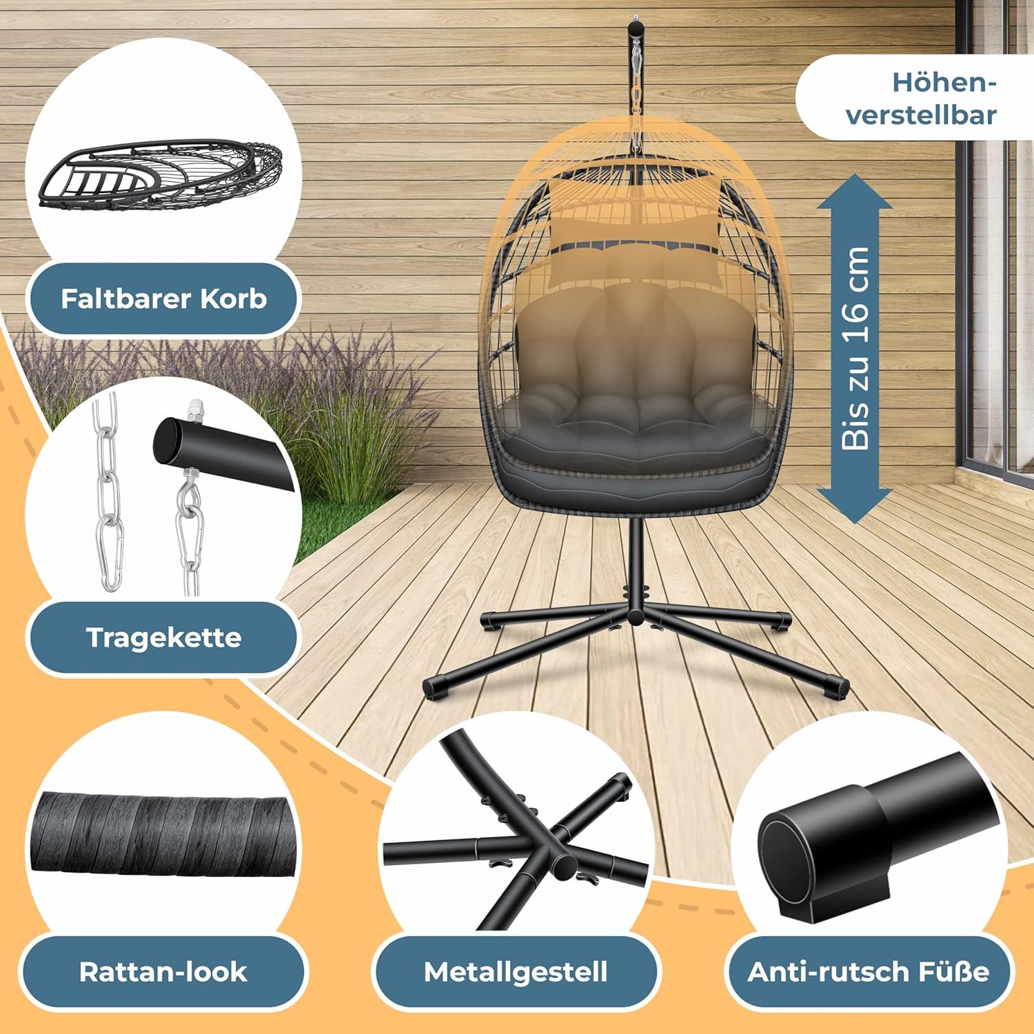 KESSER® Egg Hangstoel met Standaard - Tot 150kg - Antraciet