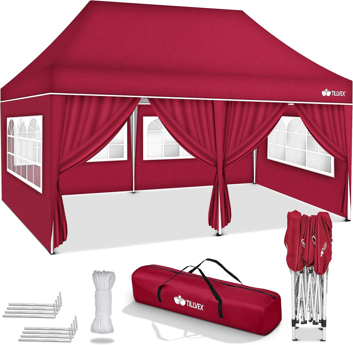 tillvex Paviljoen, 3 x 6 m, waterdicht, pop-up vouwpaviljoen, in hoogte verstelbaar, tuintent, uv-bescherming 50+, partytent met tas voor de tuin, rood, met 6 zijdelen