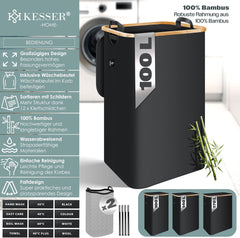 KESSER® Wasmand met deksel, opvouwbaar, 100 liter, wasbox, wasmand, wasverzamelaar met 2 x uitneembare waszakken, wassorteerder incl. wasvoorschriften zwart •