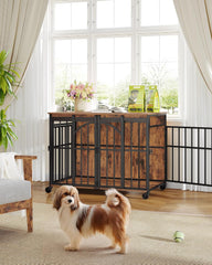 Hzuaneri Hondenbench, meubel met 360° draaiwielen, L hondenbox met schuifdeur, moderne houten hondenkooi voor kleine en middelgrote honden voor binnen, vintage bruin DFC86201B