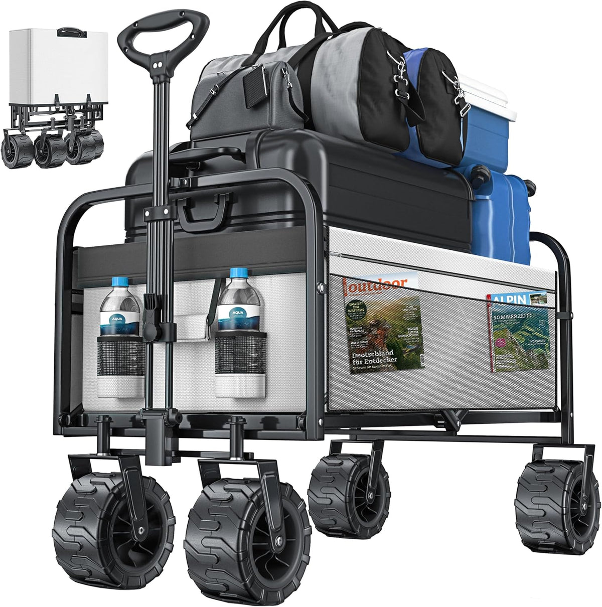 KESSER® Bolderkar, opvouwbaar, max. tot 150 kg belastbaar met brede massief rubberen banden, handwagen, transportwagen, gereedschapswagen incl. 2 netvakken en zijvak, transportwagen, tuinaanhanger